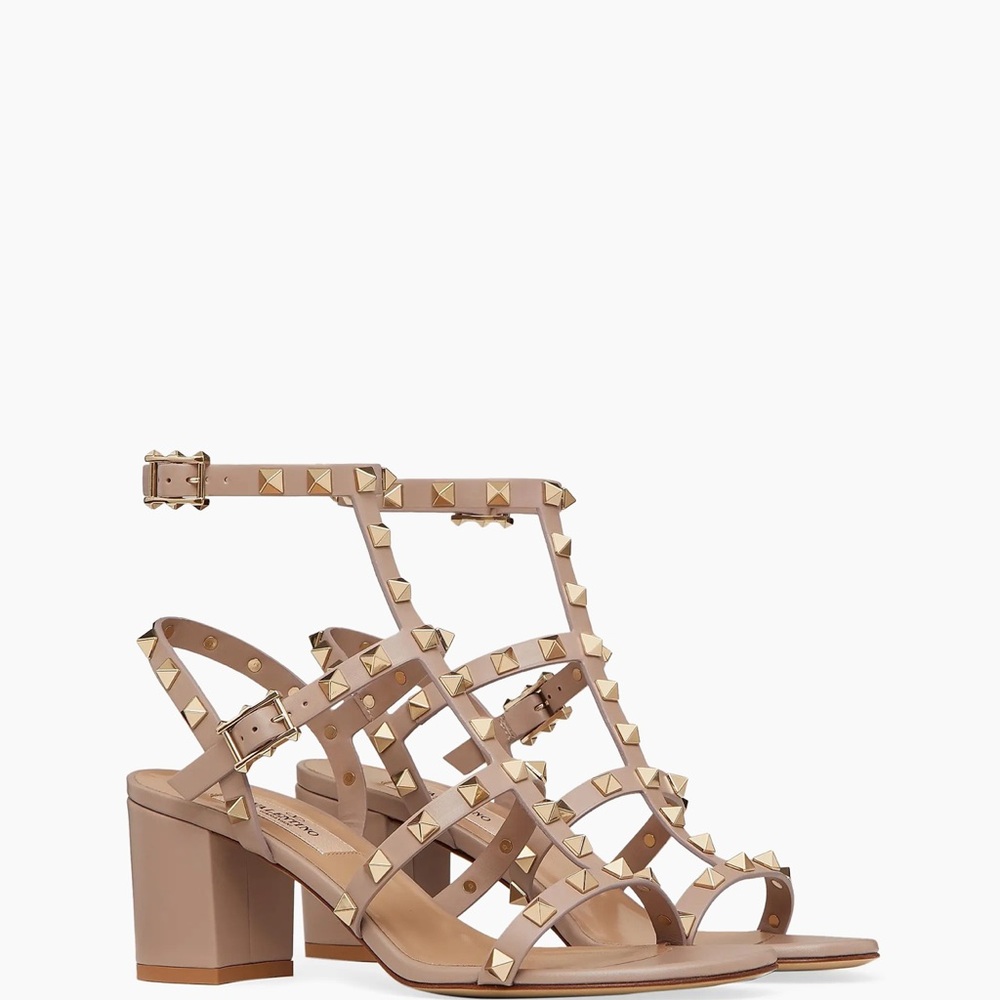 Valentino Garavani Rockstud Calfskin Ankle Strap Nude Sandals Size 39